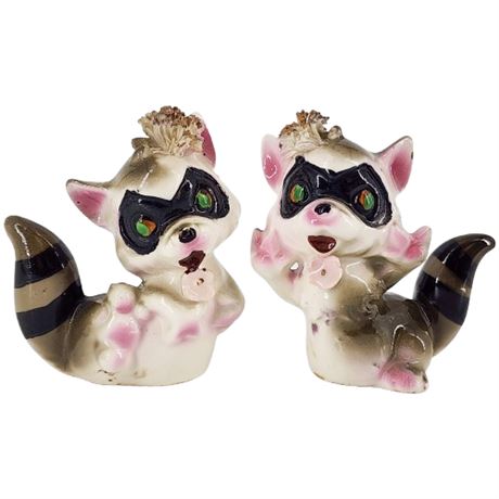 Vintage Ceramic Spaghetti Raccoon Salt & Pepper Shakers Set