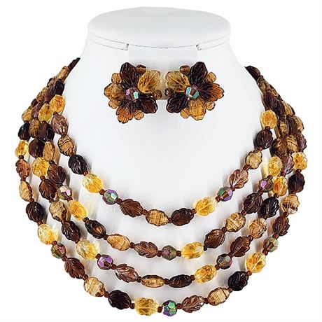 Vintage West German Glass Leaves 4-Strand Necklace & Clip Earrings Set