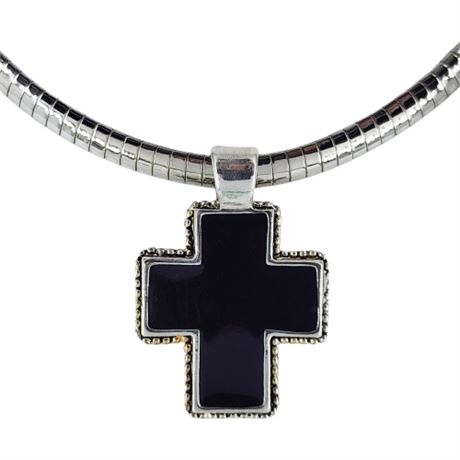 Silver Tone Omega Chain Necklace w/ Black Enamel Cross Pendant