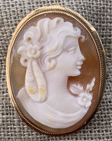Italian 14k Gold Carved Shell Cameo Pendant, Brooch