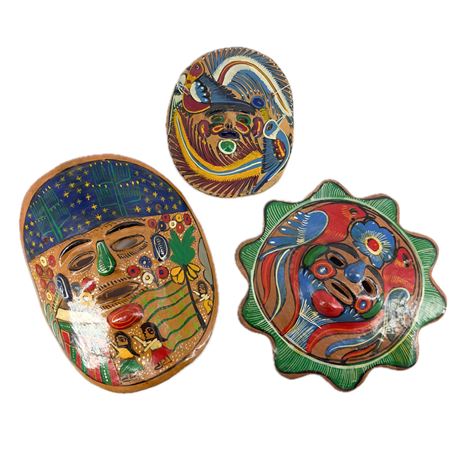 Vintage Lot of Three Hand-Painted Mexican Ceramic Masks
