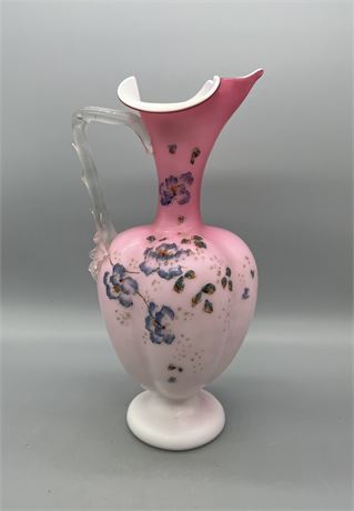 Victorian Era Pink Cased Glass Pitcher Hand Painted Steve and Williams