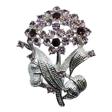 Unsigned Purple Rhinestone Flower Brooch