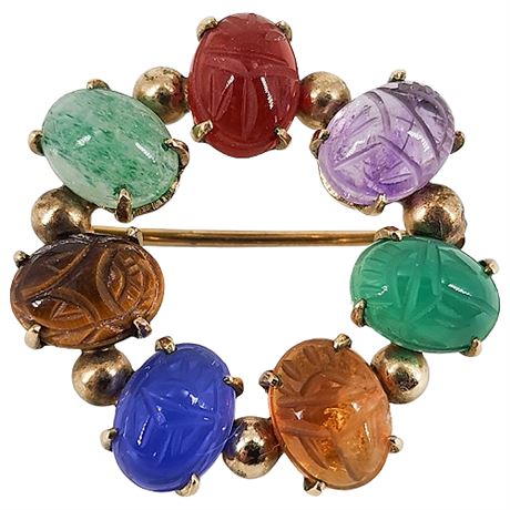 Signed Vintage BIOREN BROS Gold Filled Carved Gemstone Scarabs Brooch
