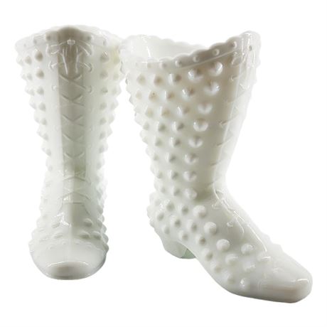 Pair Vintage FENTON Hobnail Milk Glass Boot Mini Vases