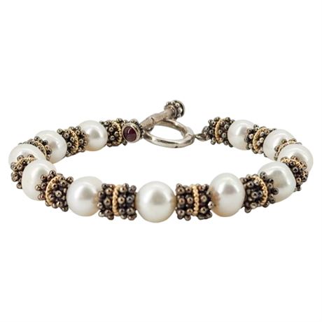 Vtg Sterling Silver & Freshwater Pearl Beaded Toggle Clasp Bracelet