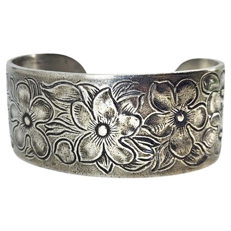 Signed Vintage Salisbury Pewter February Flower Violet Cuff Bracelet