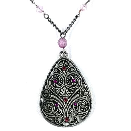 Vintage-Style Filigree Teardrop Necklace with Purple Beads