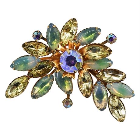 Vintage Prong Set Green/Yellow Rhinestone Navette Brooch
