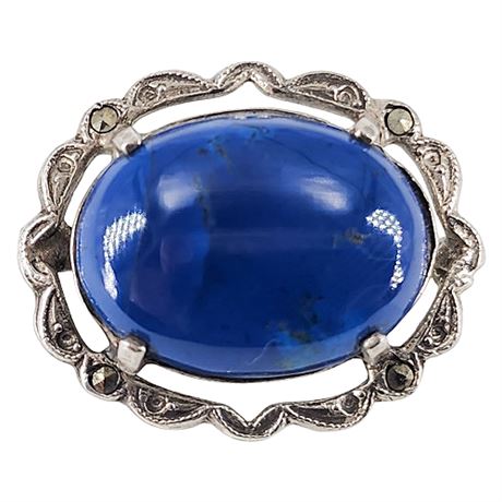Vintage Sterling Silver Blue Gemstone Brooch