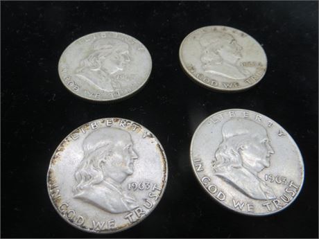 Four 1963 D Ben Franklin Half Silver Dollars