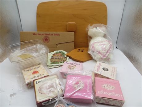 LONGABERGER 16" X 11" WOOD LID, BREADBASKET BRICK, 4 PLASTIC LINERS, 2 COASTERS