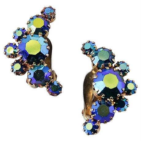 Vintage Peacock Aurora Borealis Rhinestone Cluster Clip Earrings