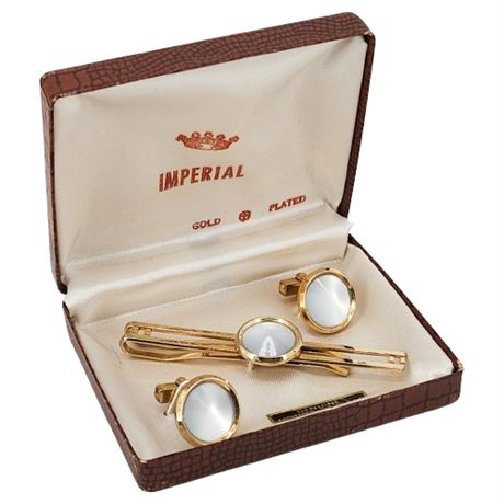 Vintage IMPERIAL Gold Plated Mother of Pearl Tie Bar & Cuff Links Set in Box