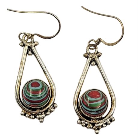 Silver Tone Teardrop Earrings with Rainbow Swirl Fordite Center Dangle Earrings