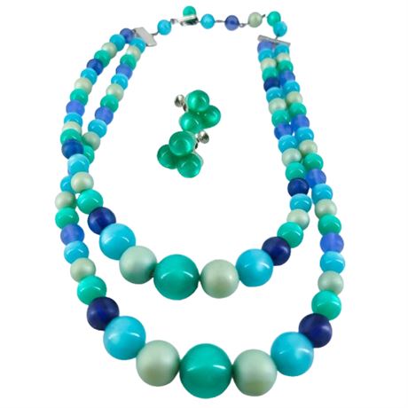 Vintage Blue and Green Double Strand Necklace and Screw-Back Earrings