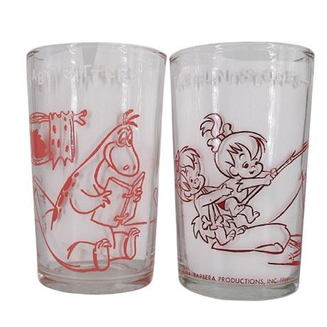 2 Vintage 1963-64 FLINTSTONES Jelly Jar Drinking Glasses Pebbles BamBam Dino