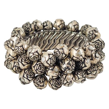 Vintage Silver Tone Rose Beads Cha-Cha Stretch Bracelet