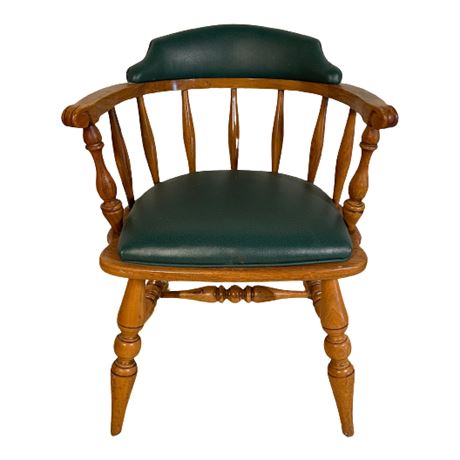 Vintage Low Back Oak Smokers' Chair w/ Green Vinyl Seat
