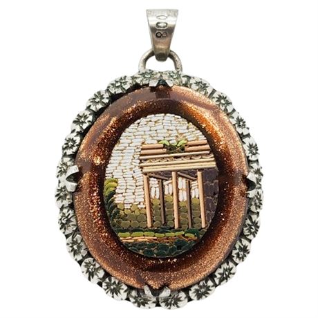 Antique 800 Silver Roman Architecture Micro Mosaic Pendant