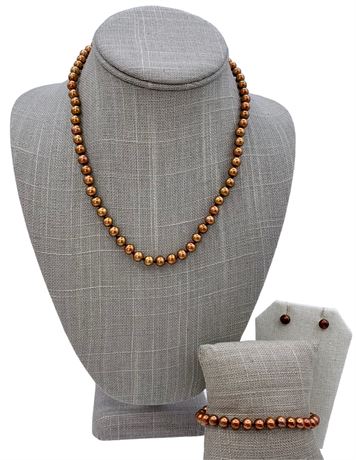 14k Yellow Gold Cinnamon Pearl Necklace, Bracelet & Earrings Set