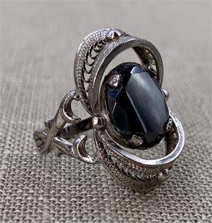 Lovely CAMEO Sterling Silver Filigree & Hematite Ring