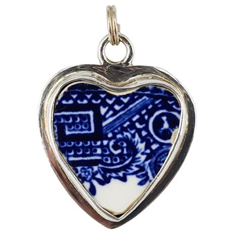 Sterling Silver Blue Willow China Heart Shaped Pendant
