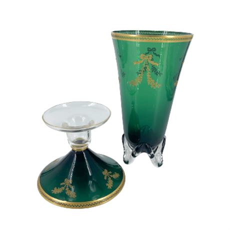 Vintage Killarney Green Melrose Vase and Candle Holder
