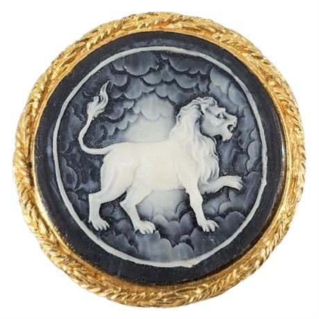 Vintage Leo Zodiac Lion Black Faux Cameo Brooch