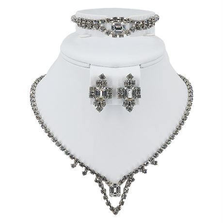 Vintage 3 Piece Prong Set Clear Rhinestone Demi-Parure Set