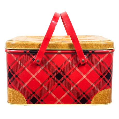 Metal Plaid Picnic Basket With Bakelite Handles