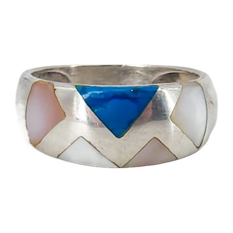 Vintage SUNSTONE IMPORTS Sterling Silver Turquoise & Mother of Pearl Ring, Sz 7