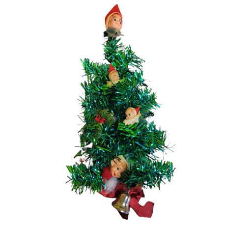 Tinsel Christmas Tree w/ Elf Ornaments VTG