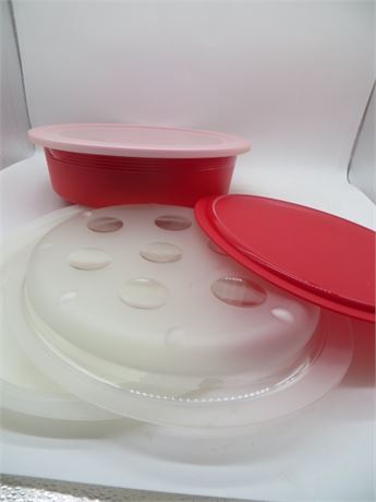 NEW VINTAGE RED KEEP N HEAT MICROWAVABLE SERVING PLATTER & LARGE ROUND CONTAINER