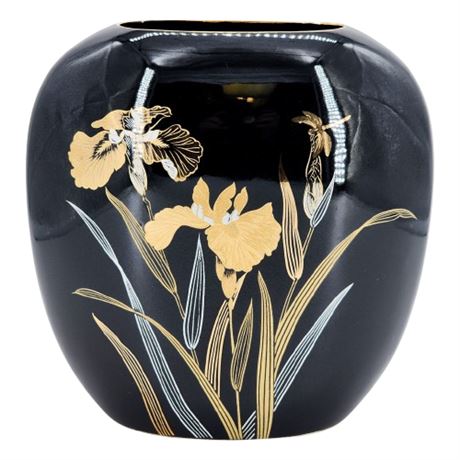 Vintage 80s Yamaji Japan Black Porcelain Vase w/ Gold & White Irises & Dragonfly