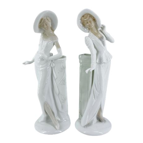 Pair of Porcelain Victorian Lady Figural Vases