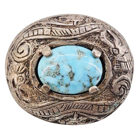 Vintage MIRACLE Silver Tone Aztec Brooch w/ Aqua Glass Cabochon