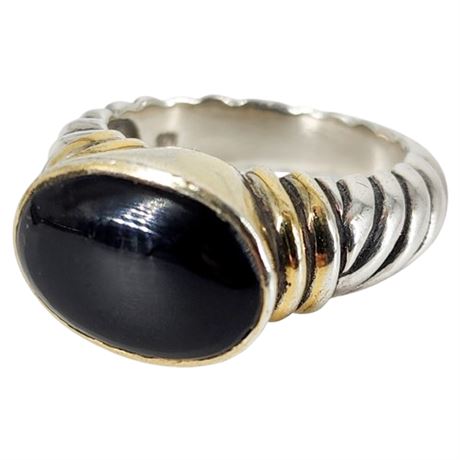 Vintage Sterling Silver Black Onyx Cable Ring, Sz 7