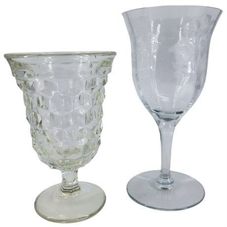 Vintage Mismatched Pair Clear Glass Crystal Goblets