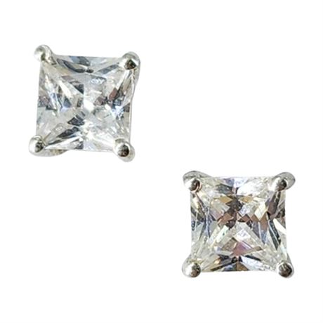 Signed FUZION CREATIONS Sterling Silver 5mm Princess Cut CZ Earrings