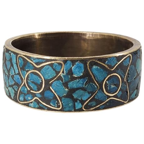 Vintage Indian Brass Inlay Crushed Turquoise Bangle Bracelet