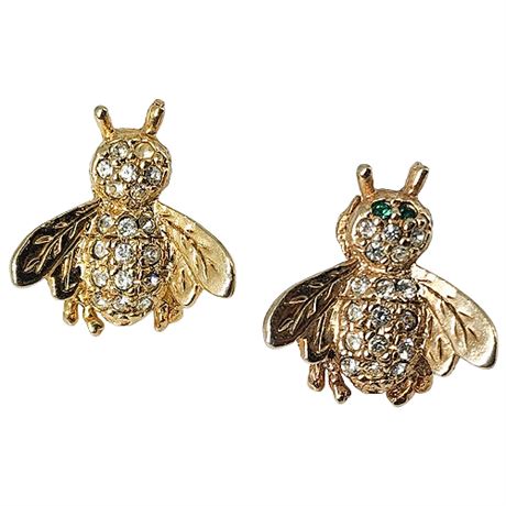Pair Vintage Rhinestone Bee Lapel Pins