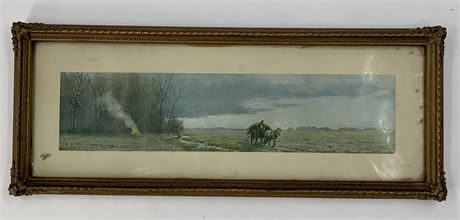 Fine Antique 15x6 Pioneer Litho in Moody Blues & Gesso Frame