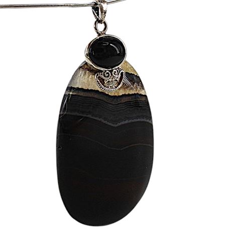 Black Banded Agate Stone Pendant ~ 925 Sterling Silver Bail