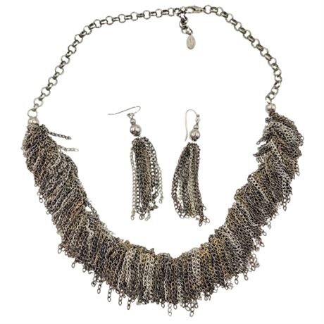 Signed JS Multicolor Metal Fringe Chain Necklace and Earring Set