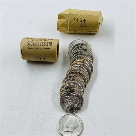 2 BU $10 Rolls 1964 Kennedy Half Dollars
