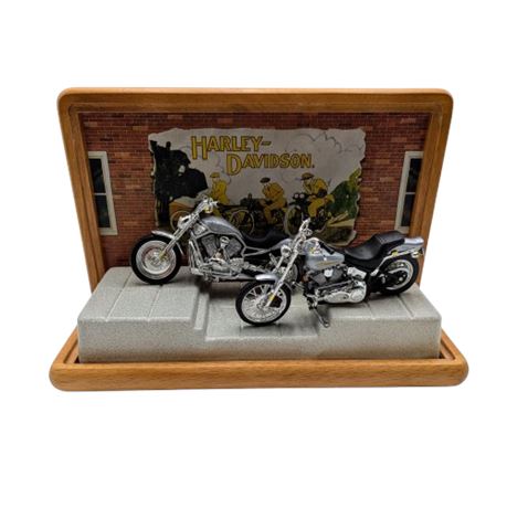 Two Harley Die Cast Motorcycles w/ Display Case