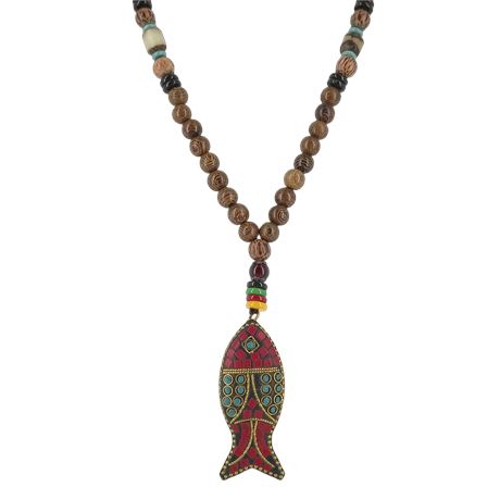Bohemian Fish Necklace - Carved Wood Beads & Mosaic Charm