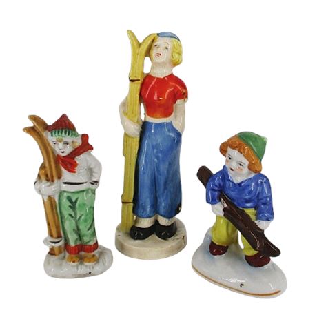 3 Vintage Porcelain Figurines ~ SKIERS ~ Japan
