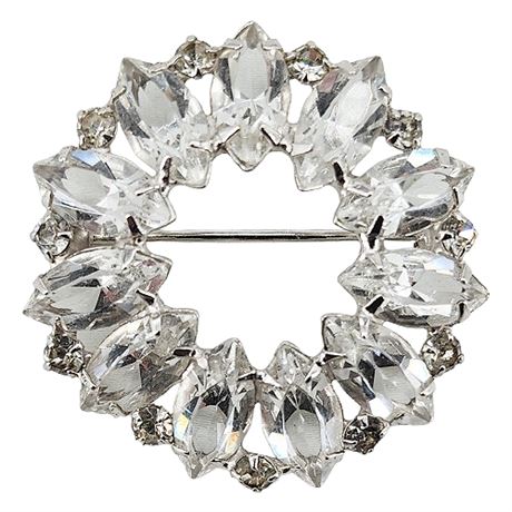 Vintage Sterling Silver Open Back Rhinestone Navette Wreath Brooch